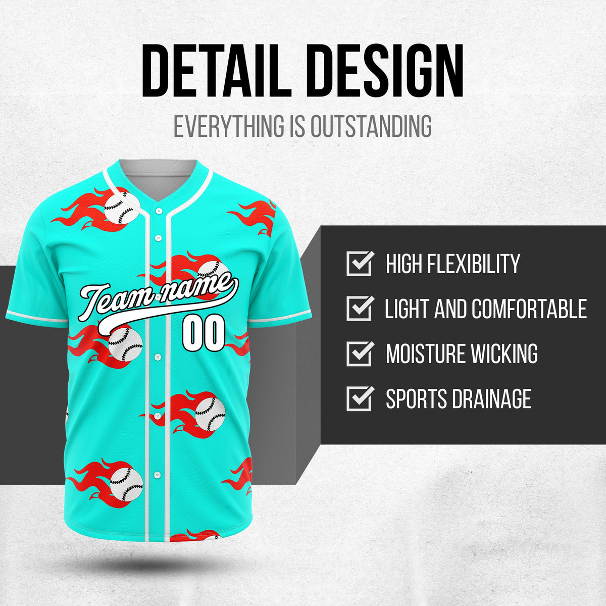 Custom Fireballers Aqua Baseball Sports Jersey Personalized Uniform with Name & Number
