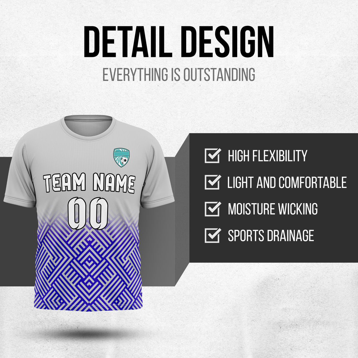 Custom Shadow Line R Side Pattern Soccer Grey Sport Tops Jersey