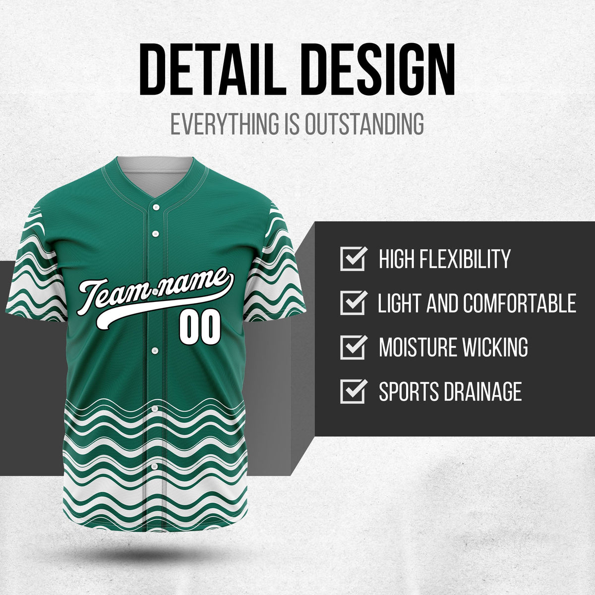 Custom Teal Baseball Wave Sports Jersey Personalized Uniform with Name & Number