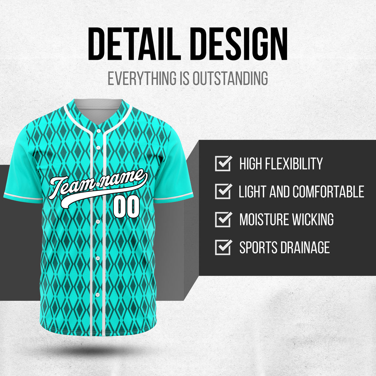 Custom Rhombic Edge Aqua Baseball Sports Jersey Personalized Uniform with Name & Number