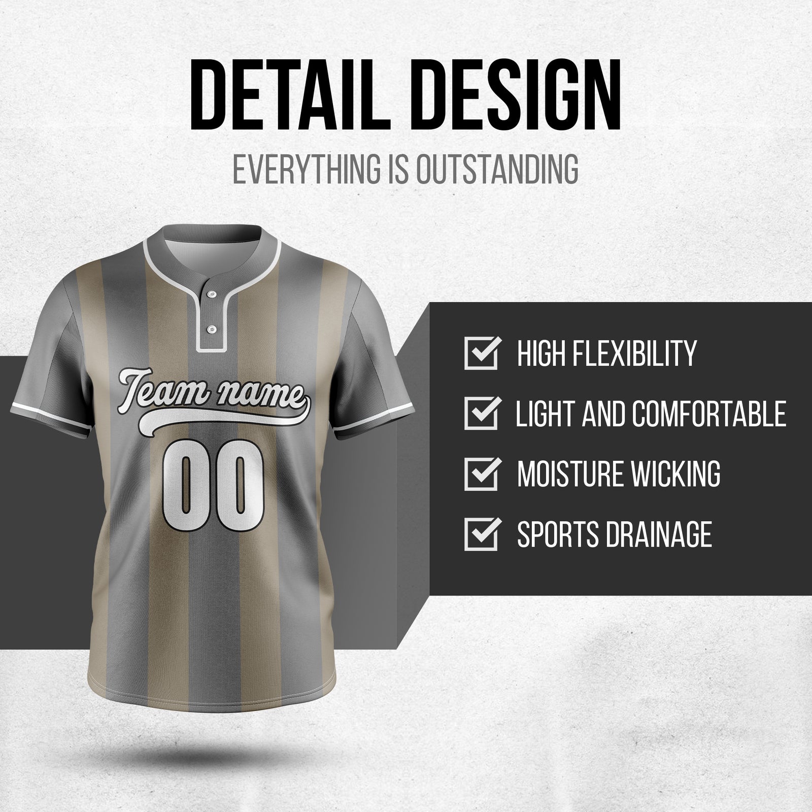 Custom Dual Stripe Grey Baseball Sports Jersey Personalized Uniform with Name & Number