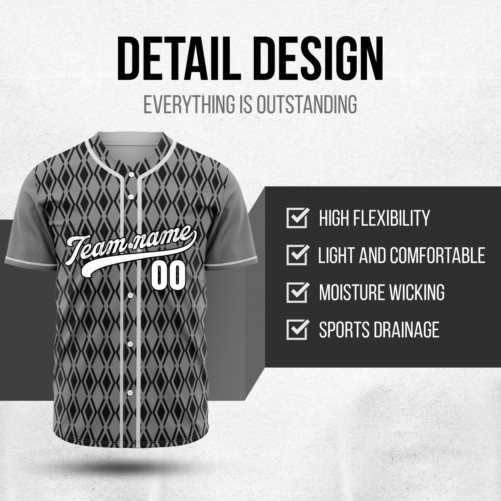Custom Rhombic Edge Grey Baseball Sports Jersey Personalized Uniform with Name & Number
