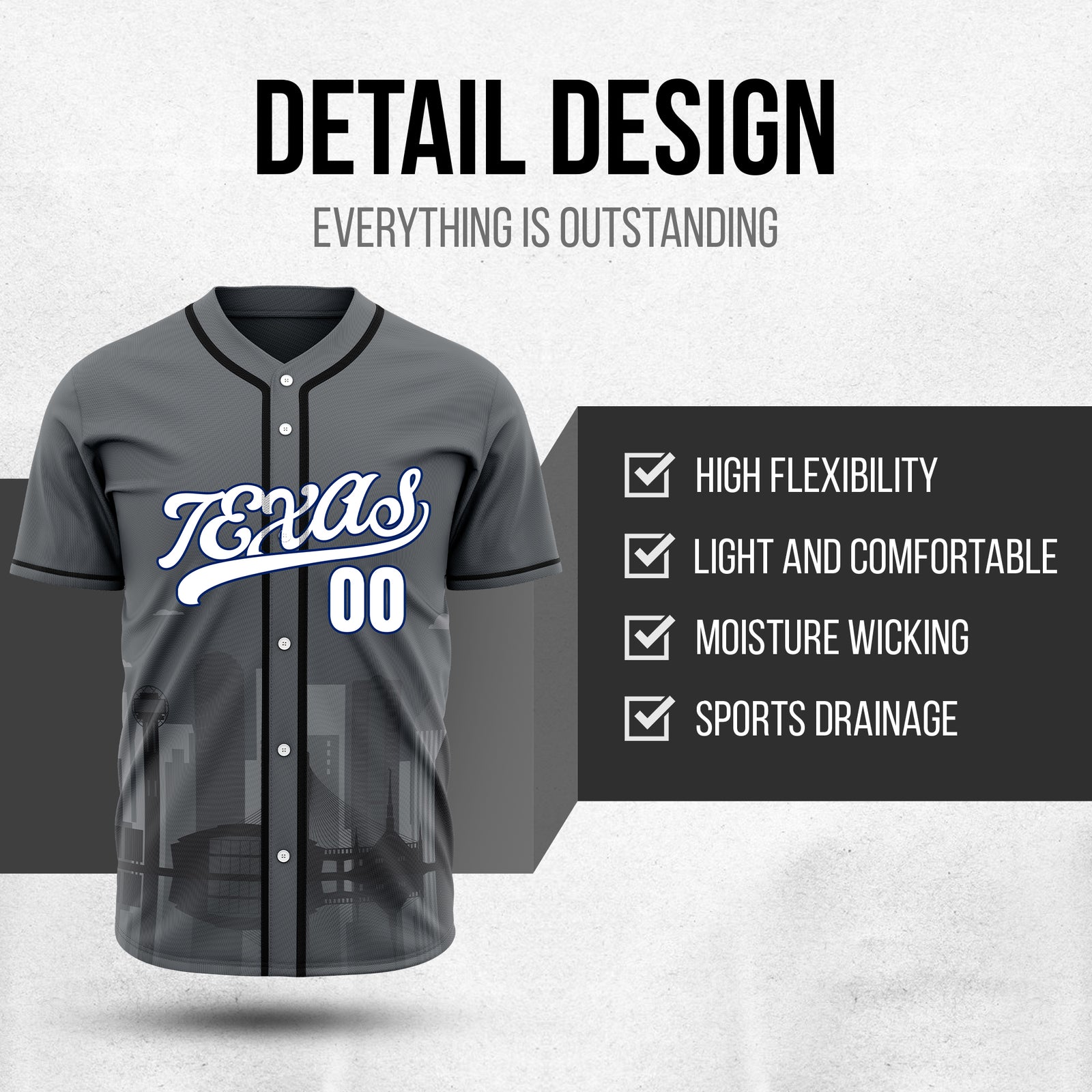Custom City Lights Dark Grey Baseball Sports Jersey Personalized Uniform with Name & Number