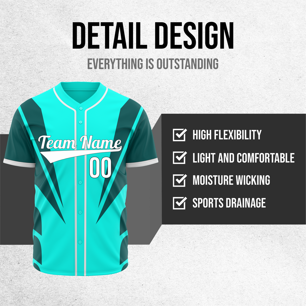 Custom Panel Flow Baseball Aqua Sports Jersey Personalized Uniform with Name & Number