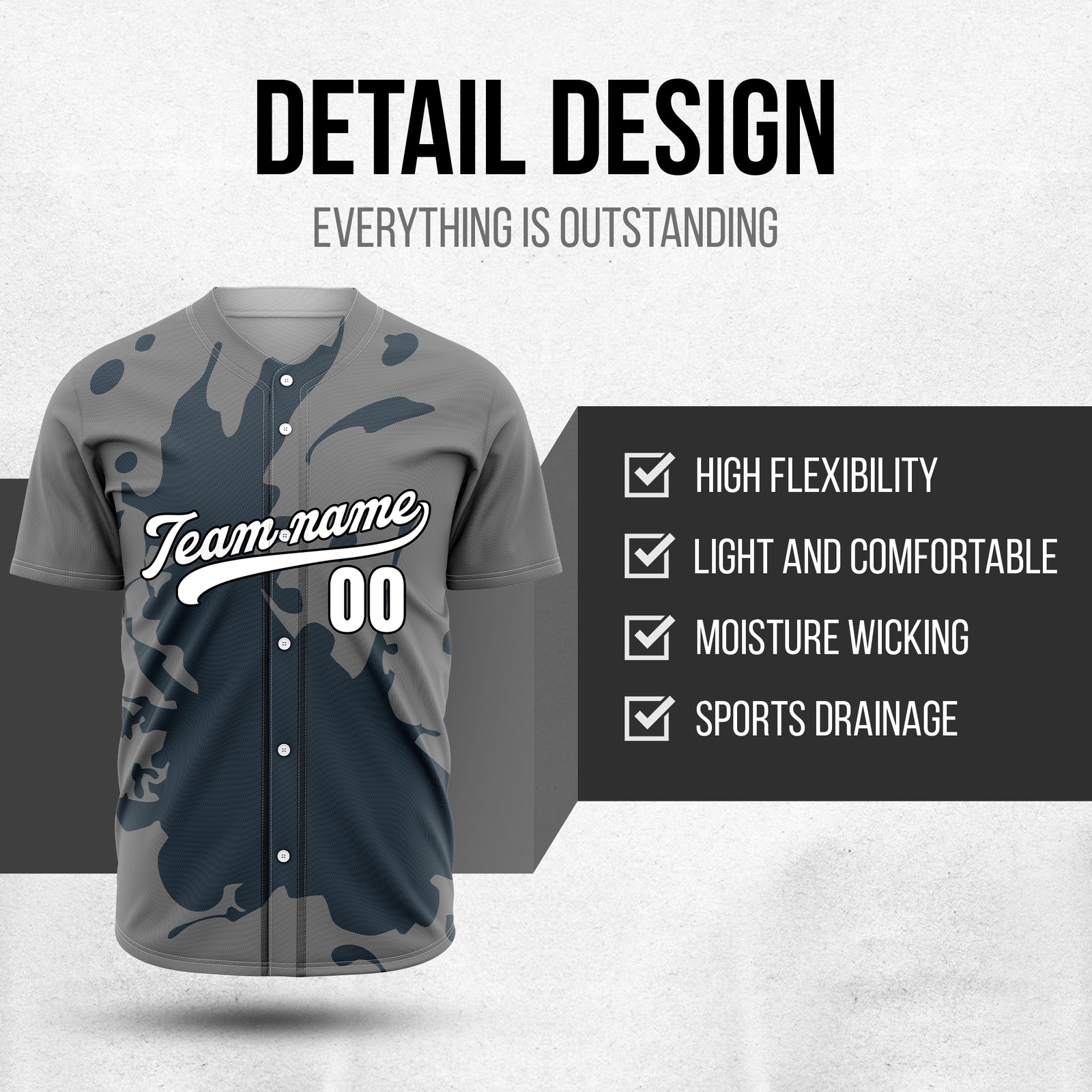 Custom Ink Splash Grey Baseball Sports Jersey Personalized Uniform with Name & Number