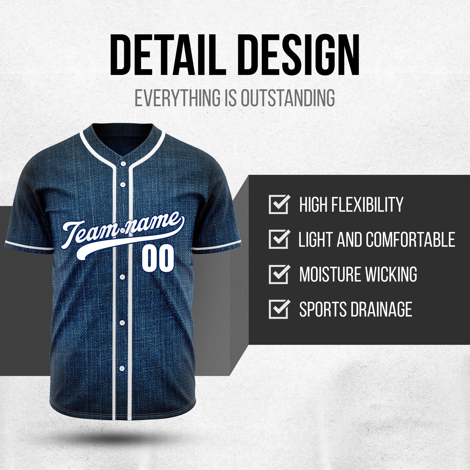 Custom Dugout Denim Baseball Sports Jersey Personalized Uniform with Name & Number