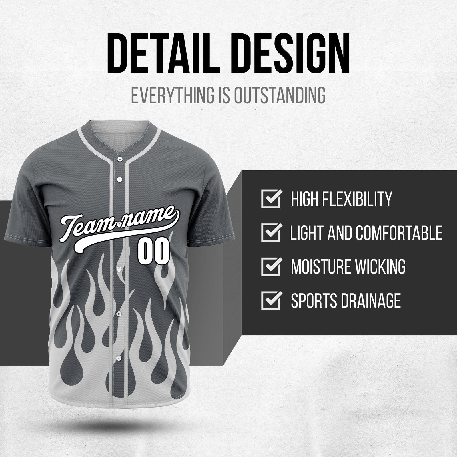 Custom Frost Fire Dark Grey Baseball Sports Jersey Personalized Uniform with Name & Number