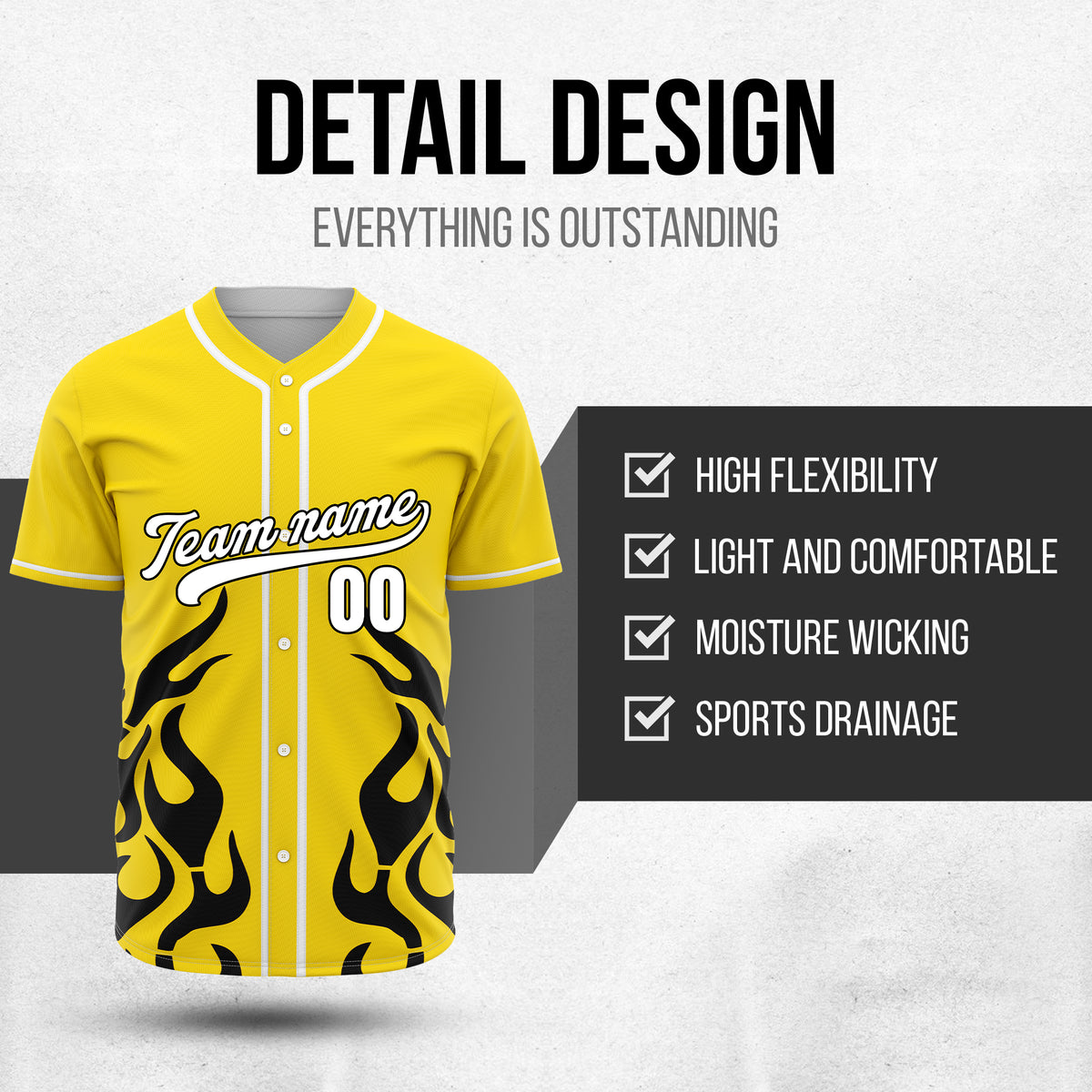 Custom Shadow Flames Yellow Baseball Sports Jersey Personalized Uniform with Name & Number