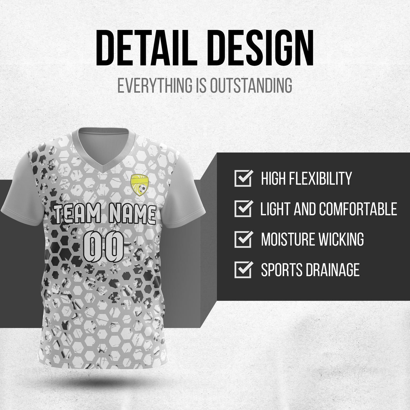 Custom Hex V-Full Pattern Grey Soccer sport Tops Jersey