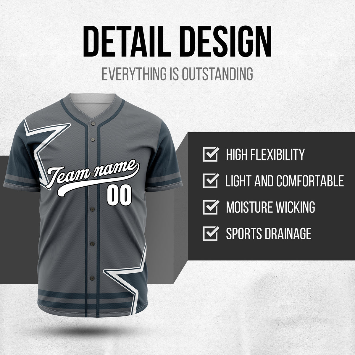 Custom Star Classic Baseball Dark Grey Sports Jersey Personalized Uniform with Name & Number