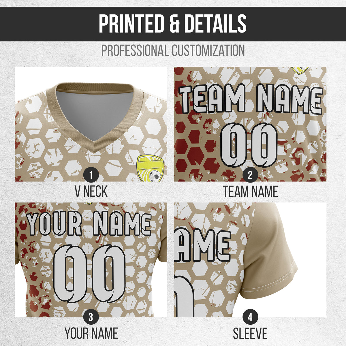 Custom Hex V-Full Pattern khaki Soccer sport Tops Jersey