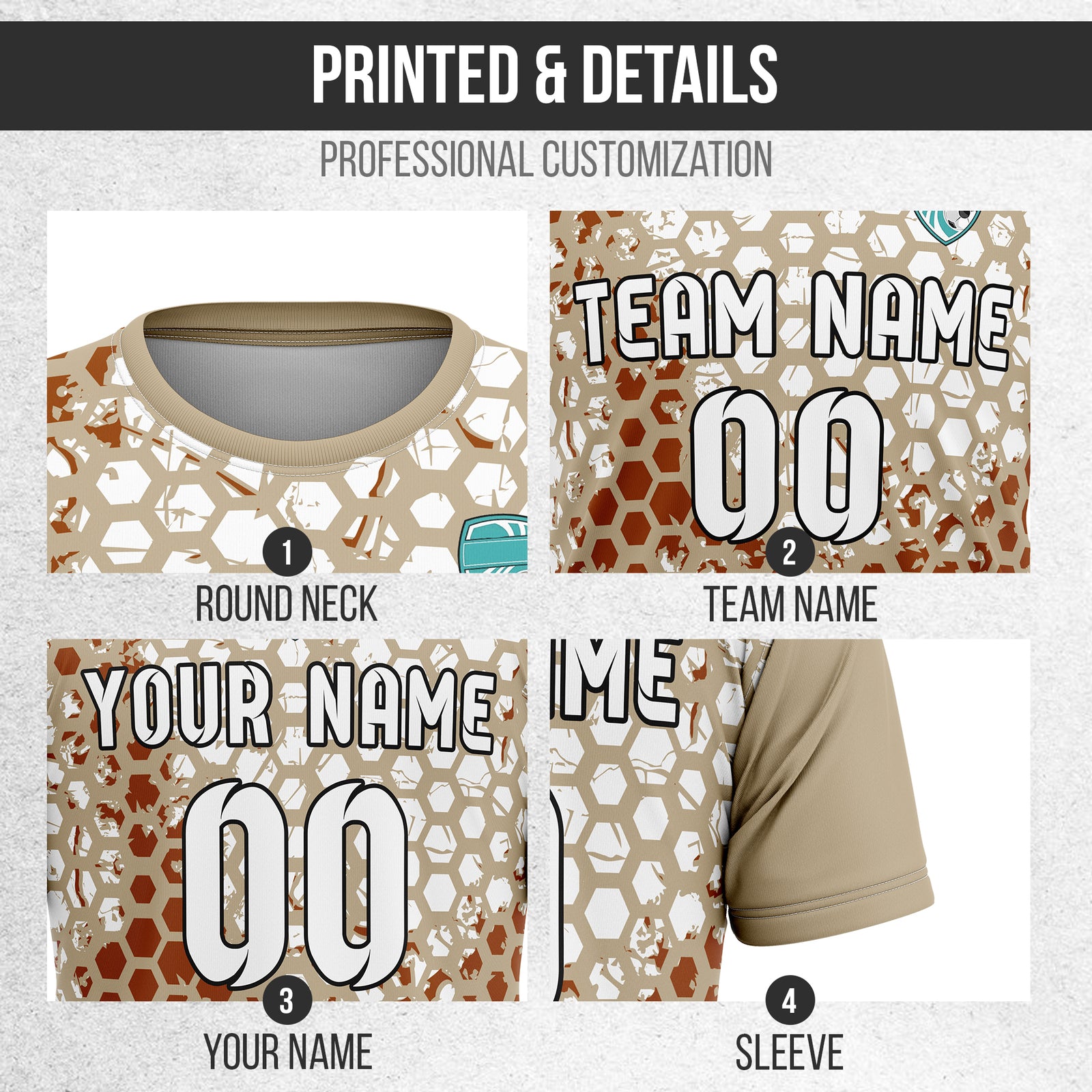 Custom Hex R-Full Pattern Soccer khaki Sport Tops Jersey