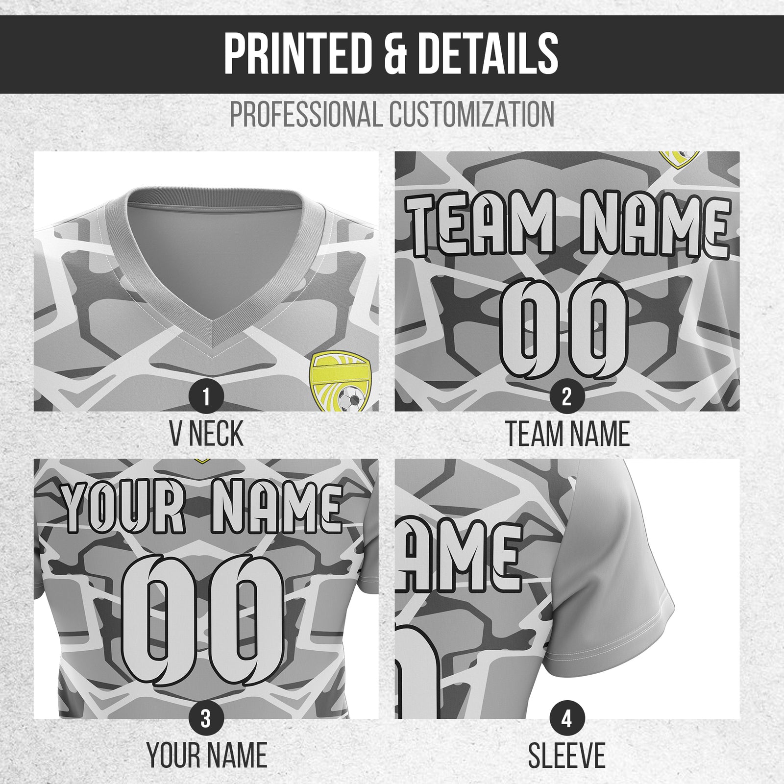Custom Wild Pulse V-Full Pattern Grey Soccer sport Tops Jersey