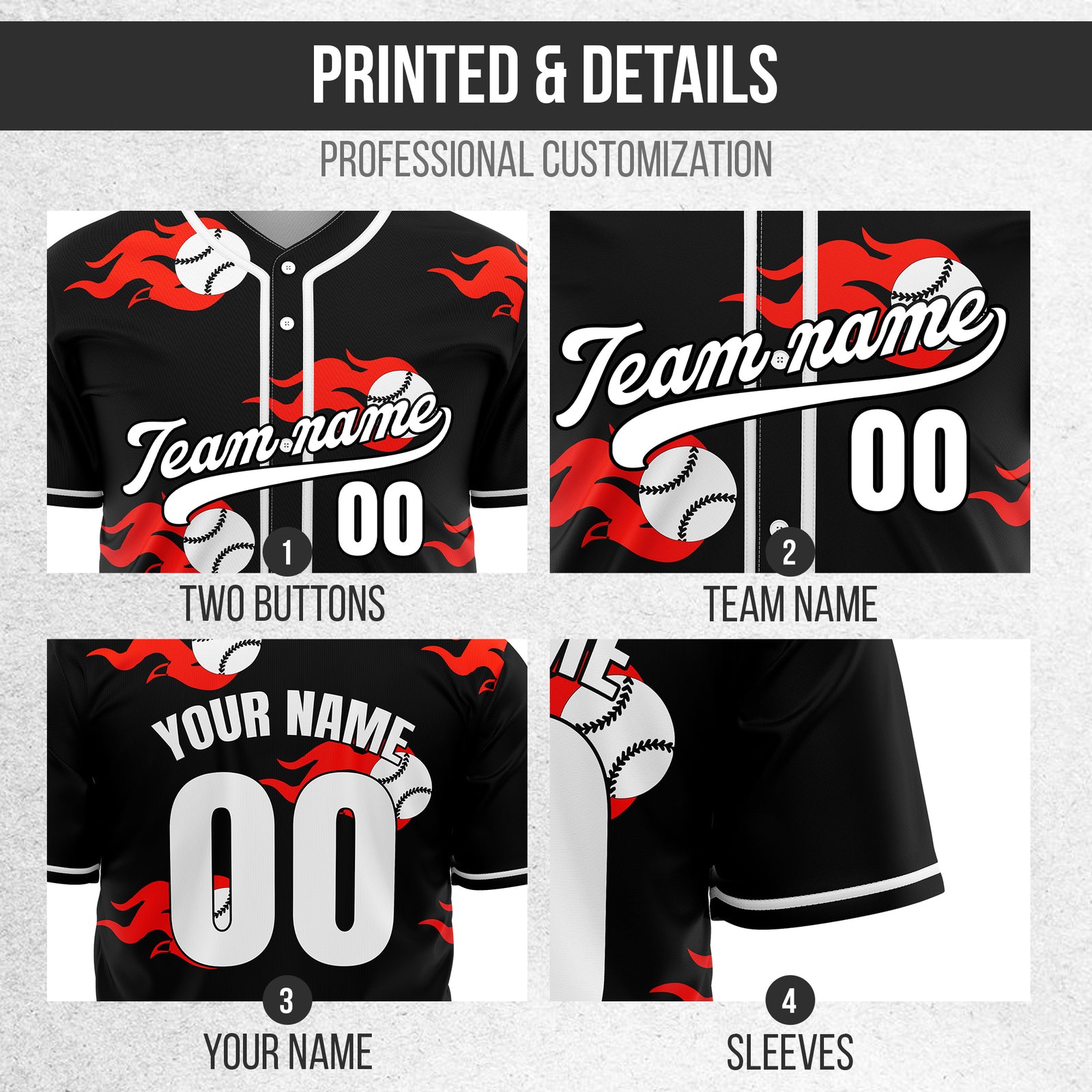 Custom Fireballers Black Baseball Sports Jersey Personalized Uniform with Name & Number