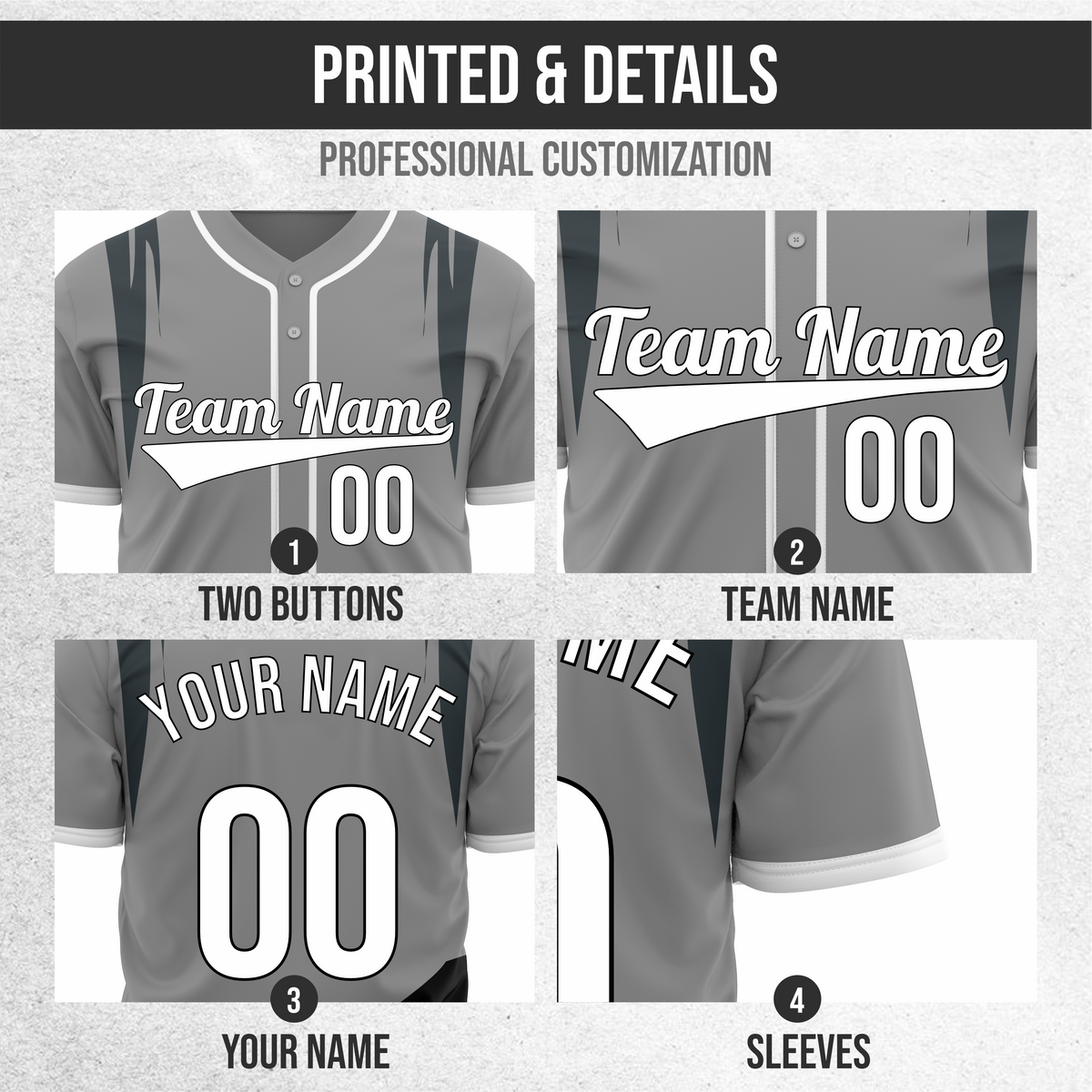 Custom Curve Edge Baseball Grey Sports Jersey Personalized Uniform with Name & Number