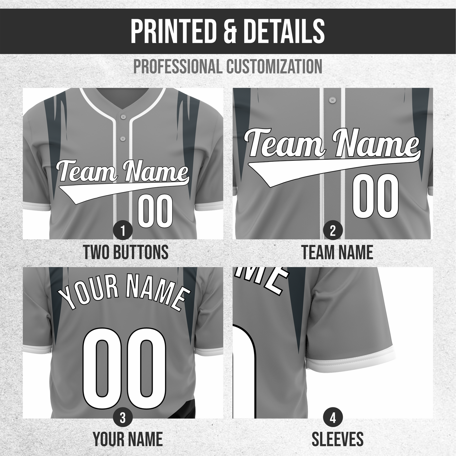 Custom Curve Edge Baseball Grey Sports Jersey Personalized Uniform with Name & Number