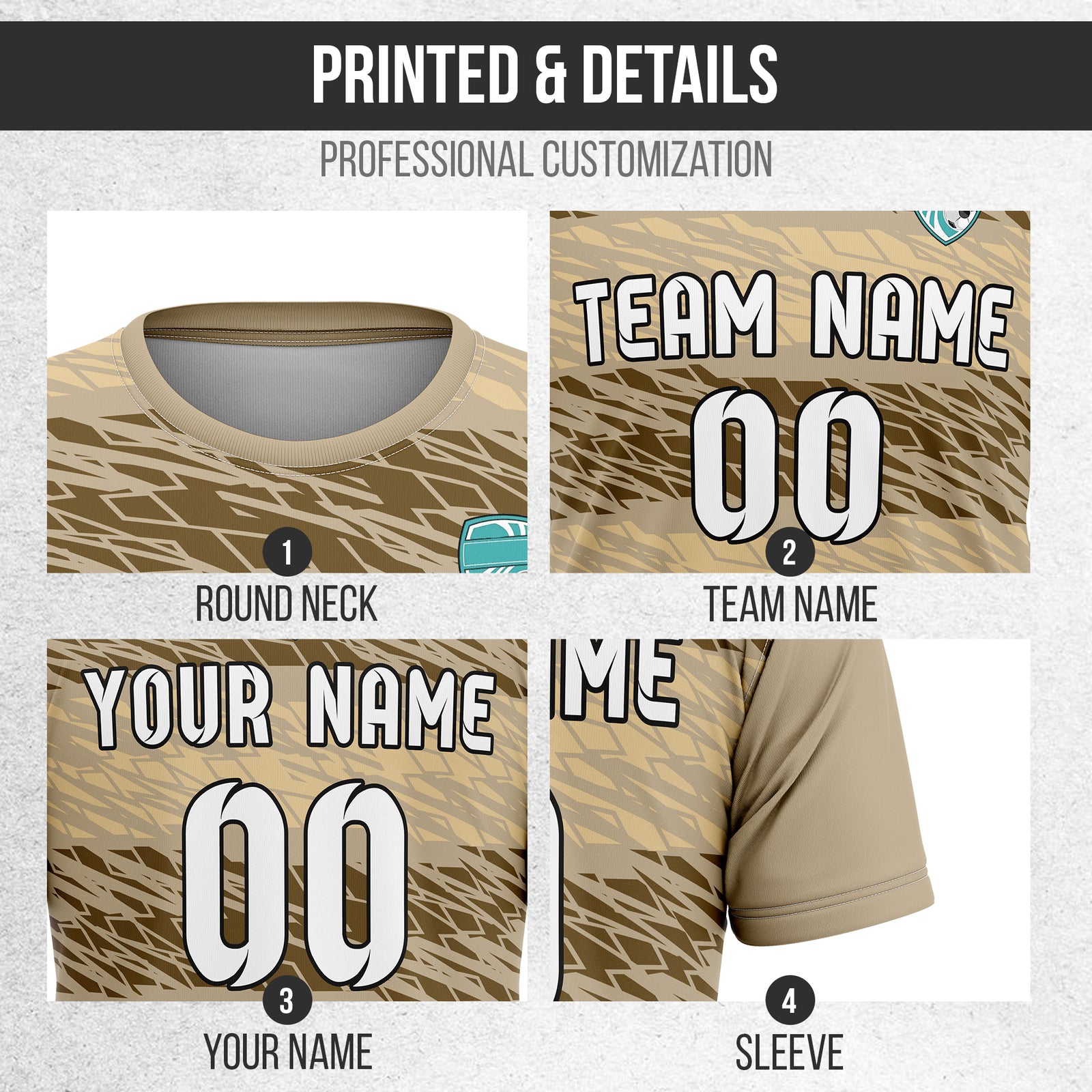 Custom Flare Strike R-Full Pattern Soccer khaki Sport Tops Jersey