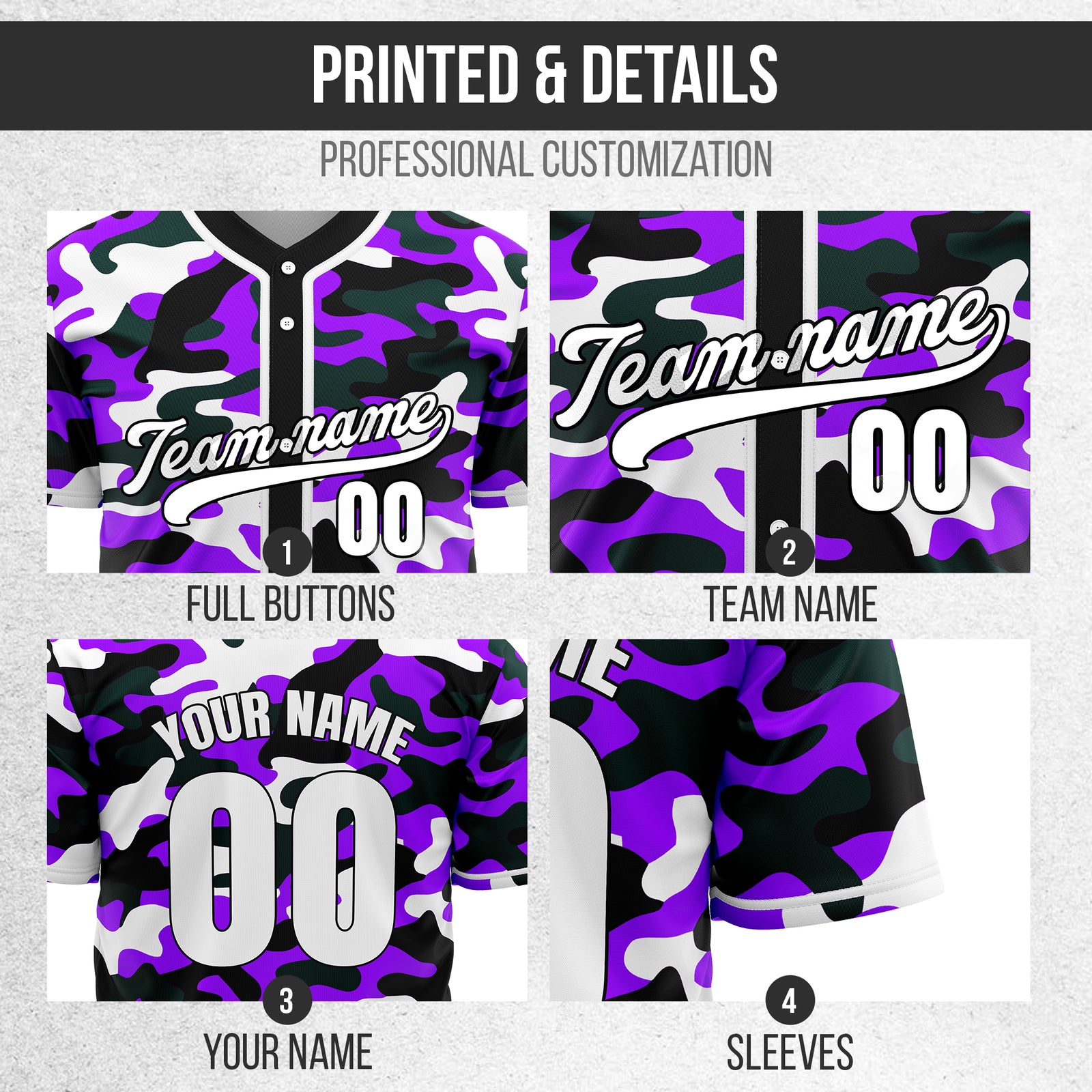Custom Shadow Command Purple Baseball Sports Jersey Personalized Uniform with Name & Number