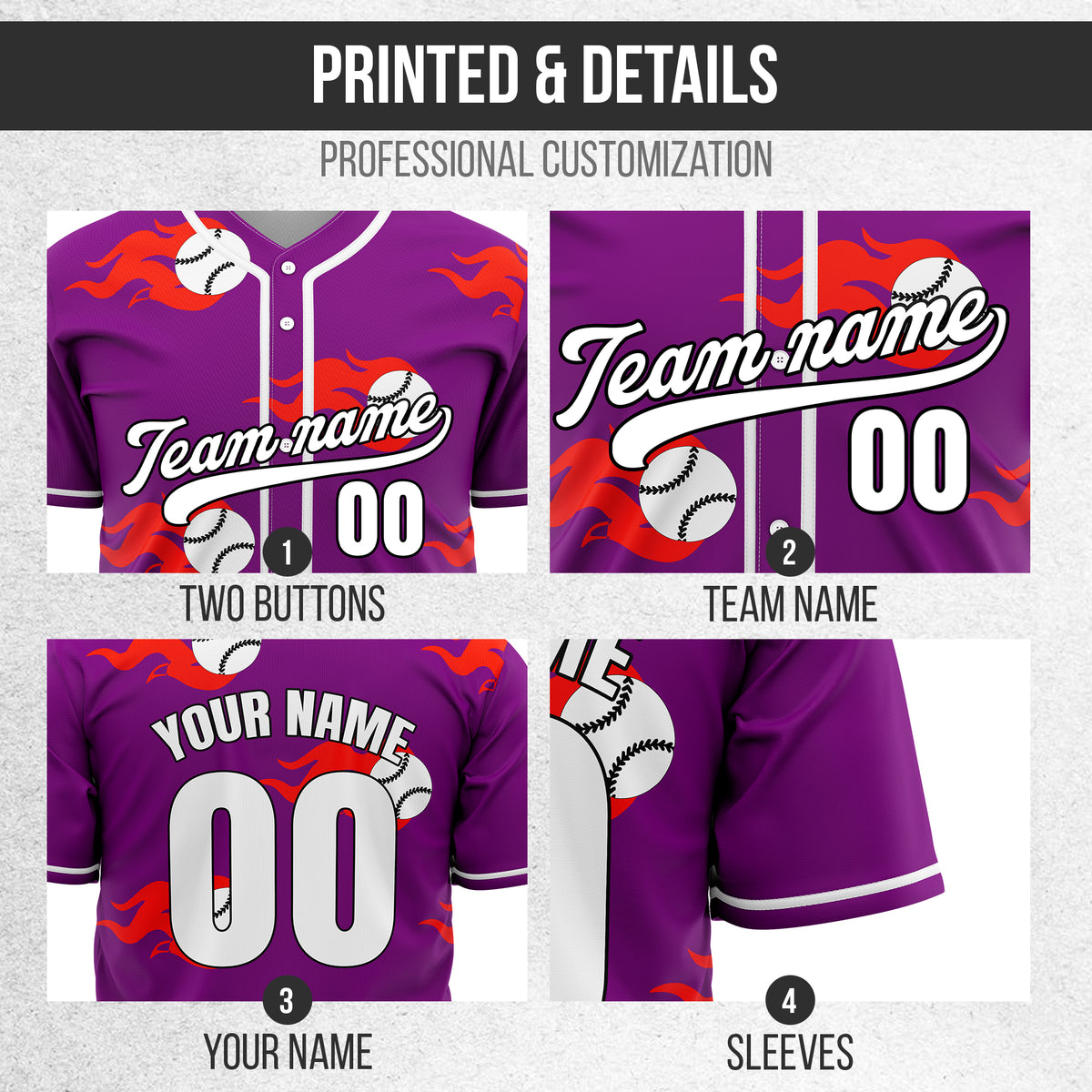 Custom Fireballers Purple Baseball Sports Jersey Personalized Uniform with Name & Number