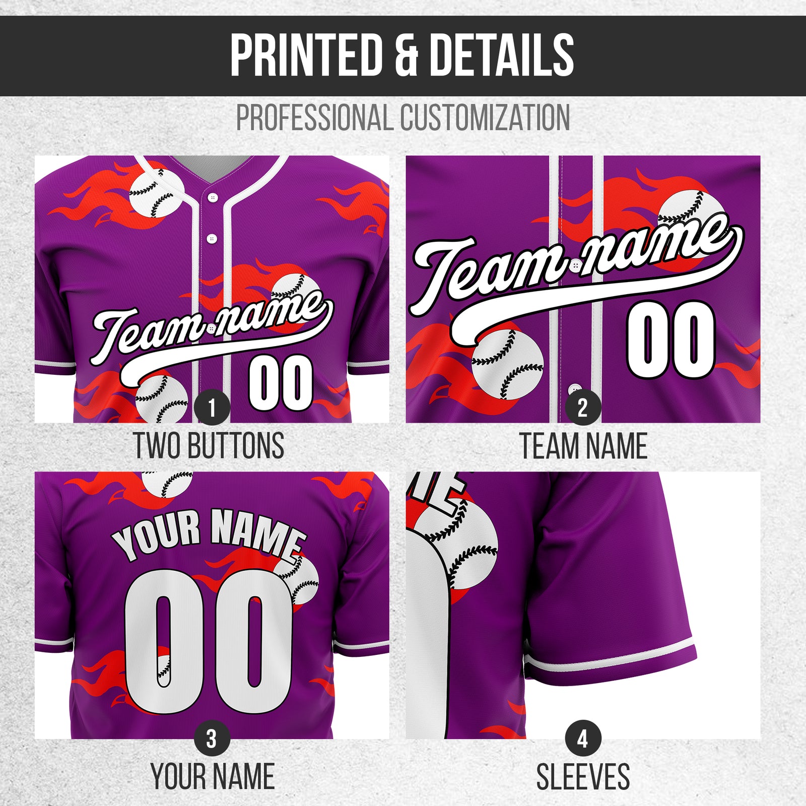 Custom Fireballers Purple Baseball Sports Jersey Personalized Uniform with Name & Number