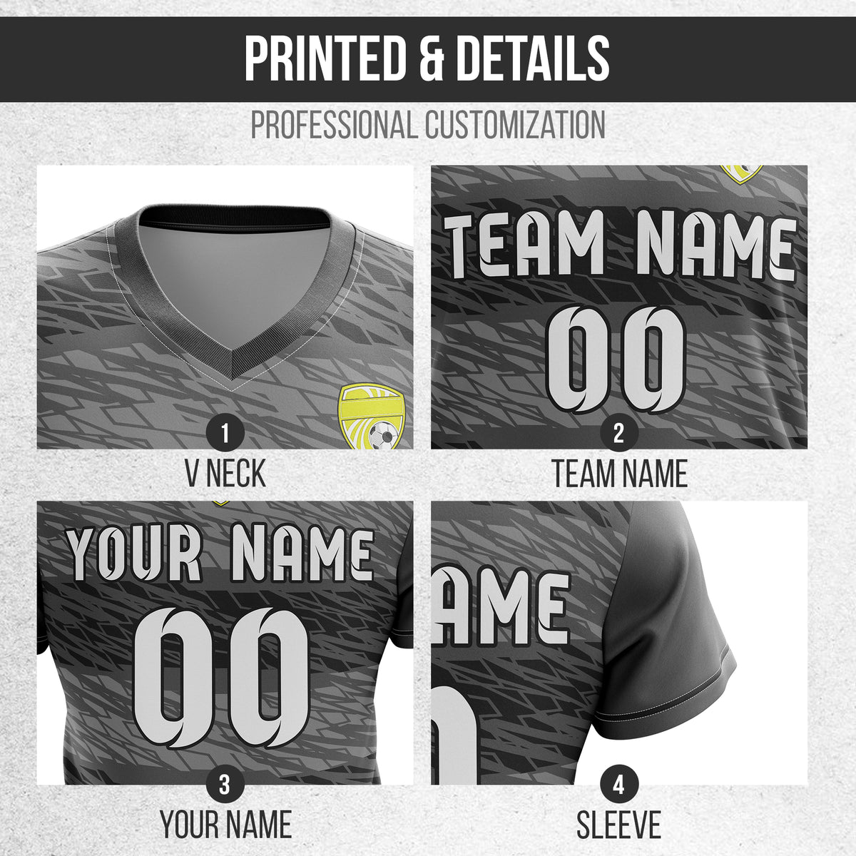 Custom Flare Strike V-Full Pattern Dark Grey Soccer sport Tops Jersey