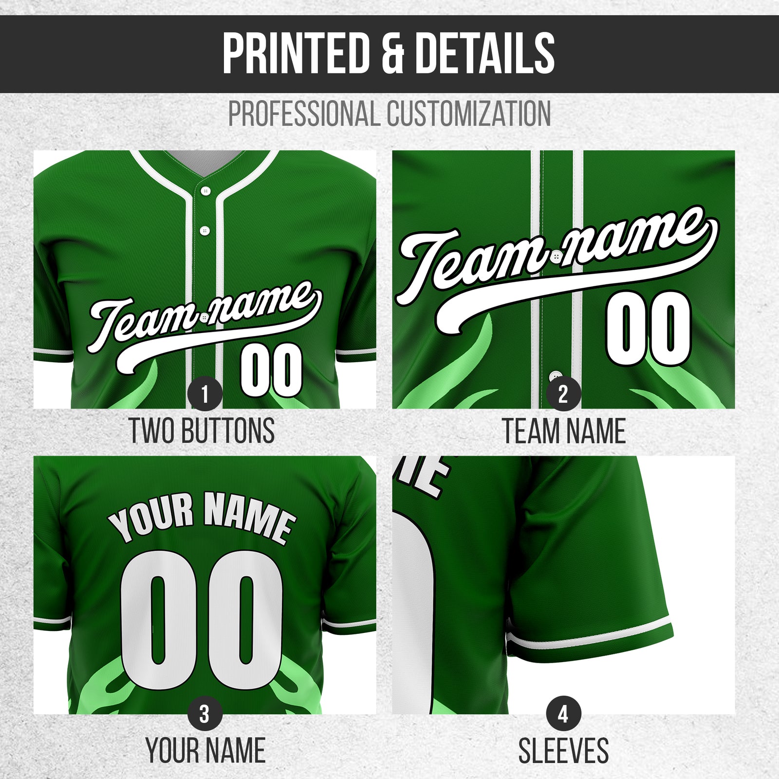 Custom Shadow Flames Green Baseball Sports Jersey Personalized Uniform with Name & Number