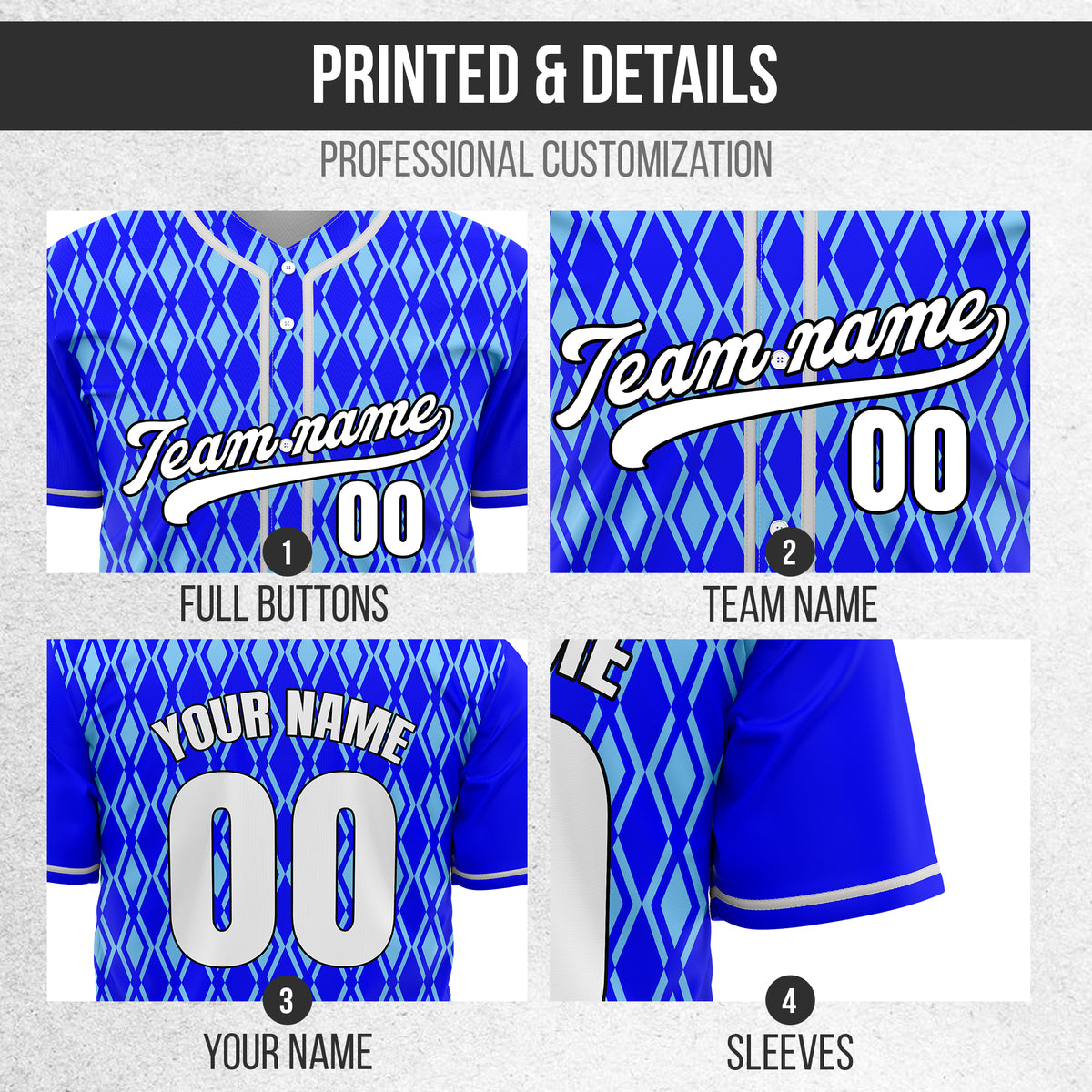 Custom Rhombic Edge Blue Baseball Sports Jersey Personalized Uniform with Name & Number