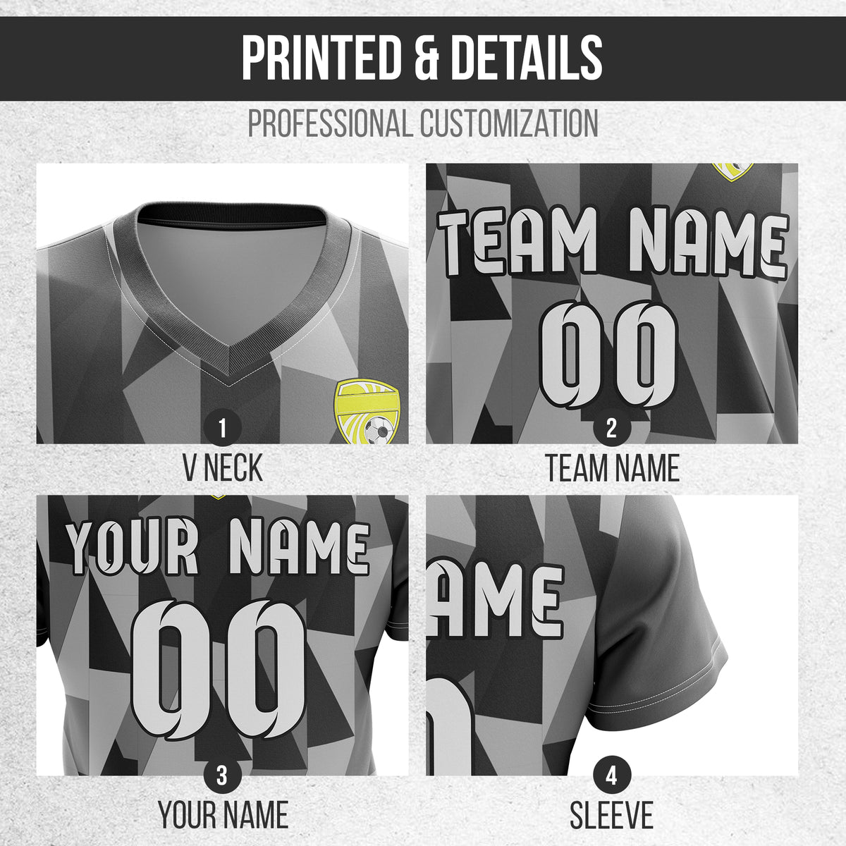 Custom Crystal V-Full Pattern Dark Grey Soccer sport Tops Jersey
