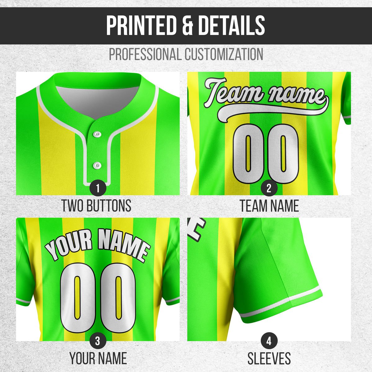 Custom Dual Stripe Neon Green Baseball Sports Jersey Personalized Uniform with Name & Number