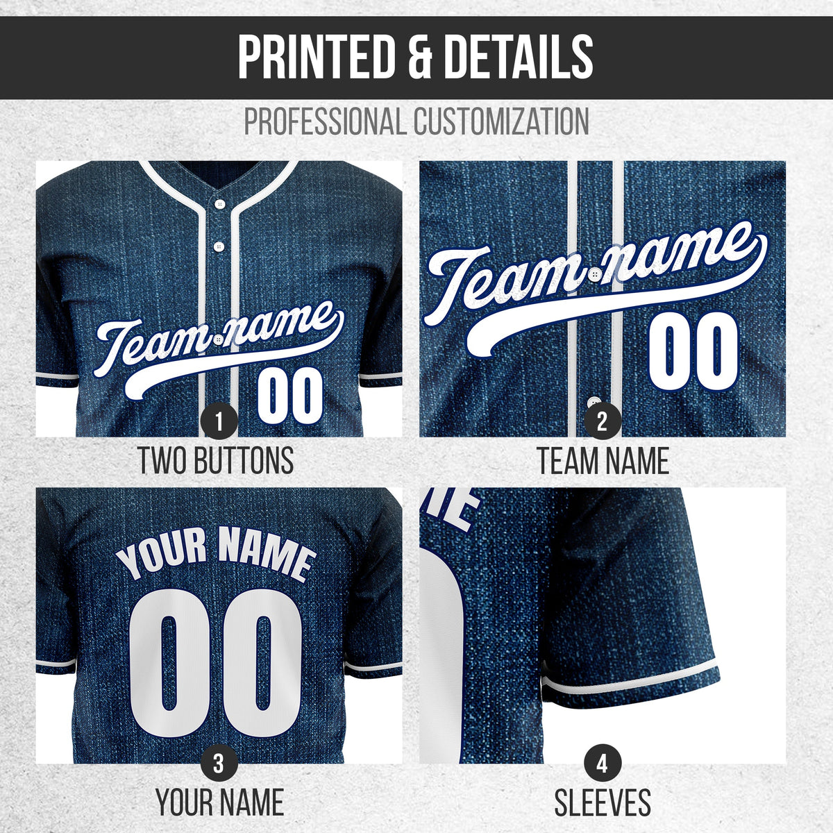 Custom Dugout Denim Baseball Sports Jersey Personalized Uniform with Name & Number