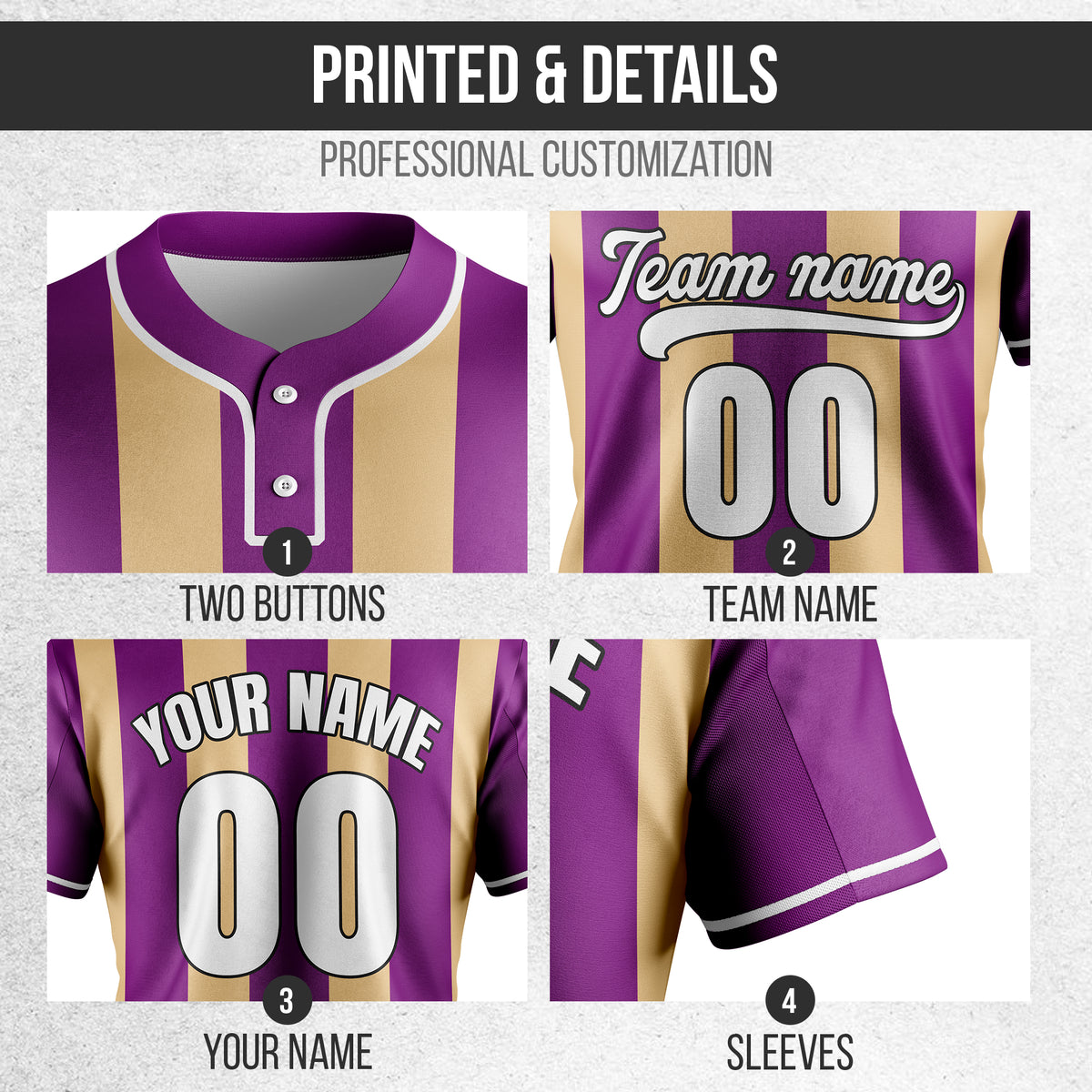 Custom Dual Stripe Purple  Baseball Sports Jersey Personalized Uniform with Name & Number