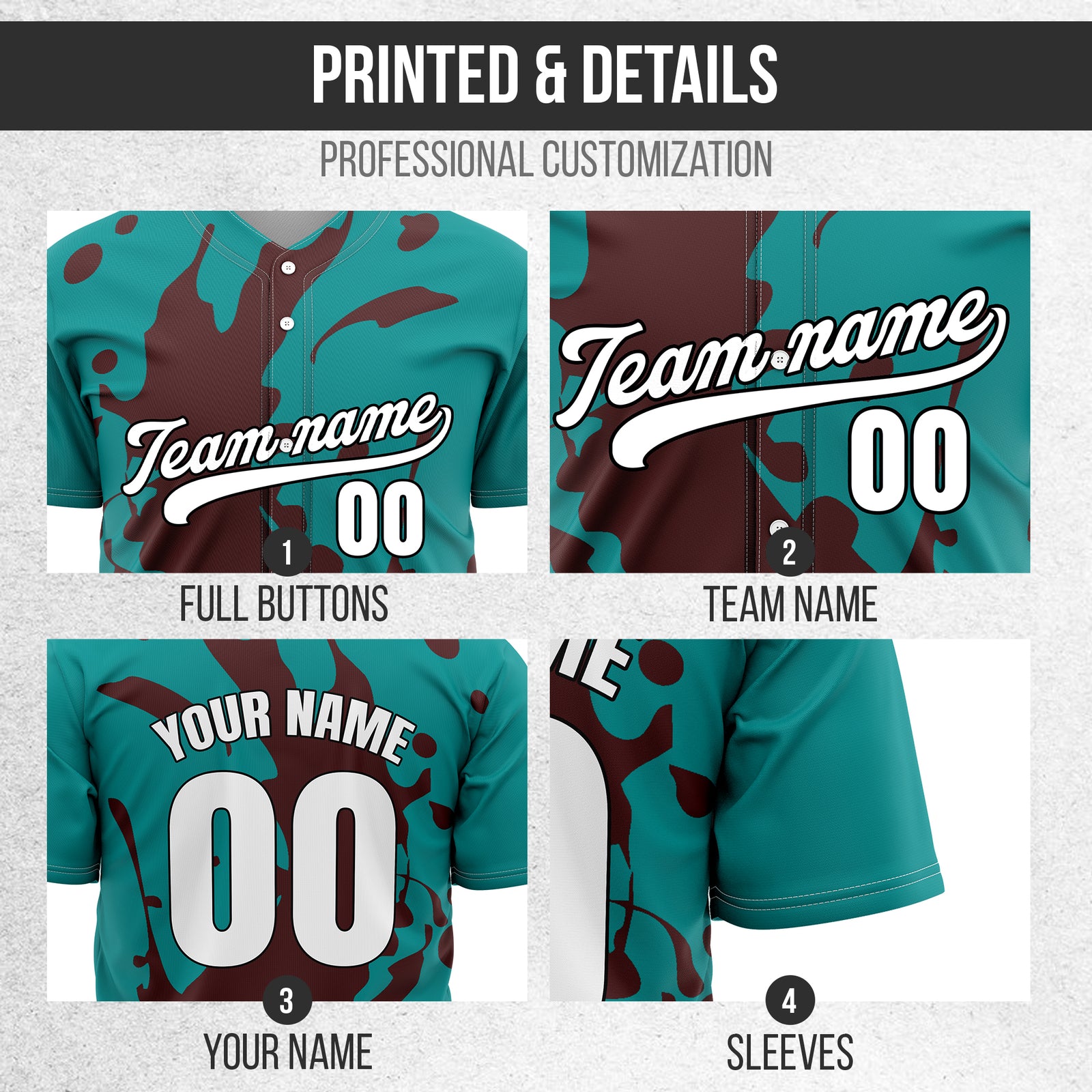 Custom Ink Splash Teal Baseball Sports Jersey Personalized Uniform with Name & Number