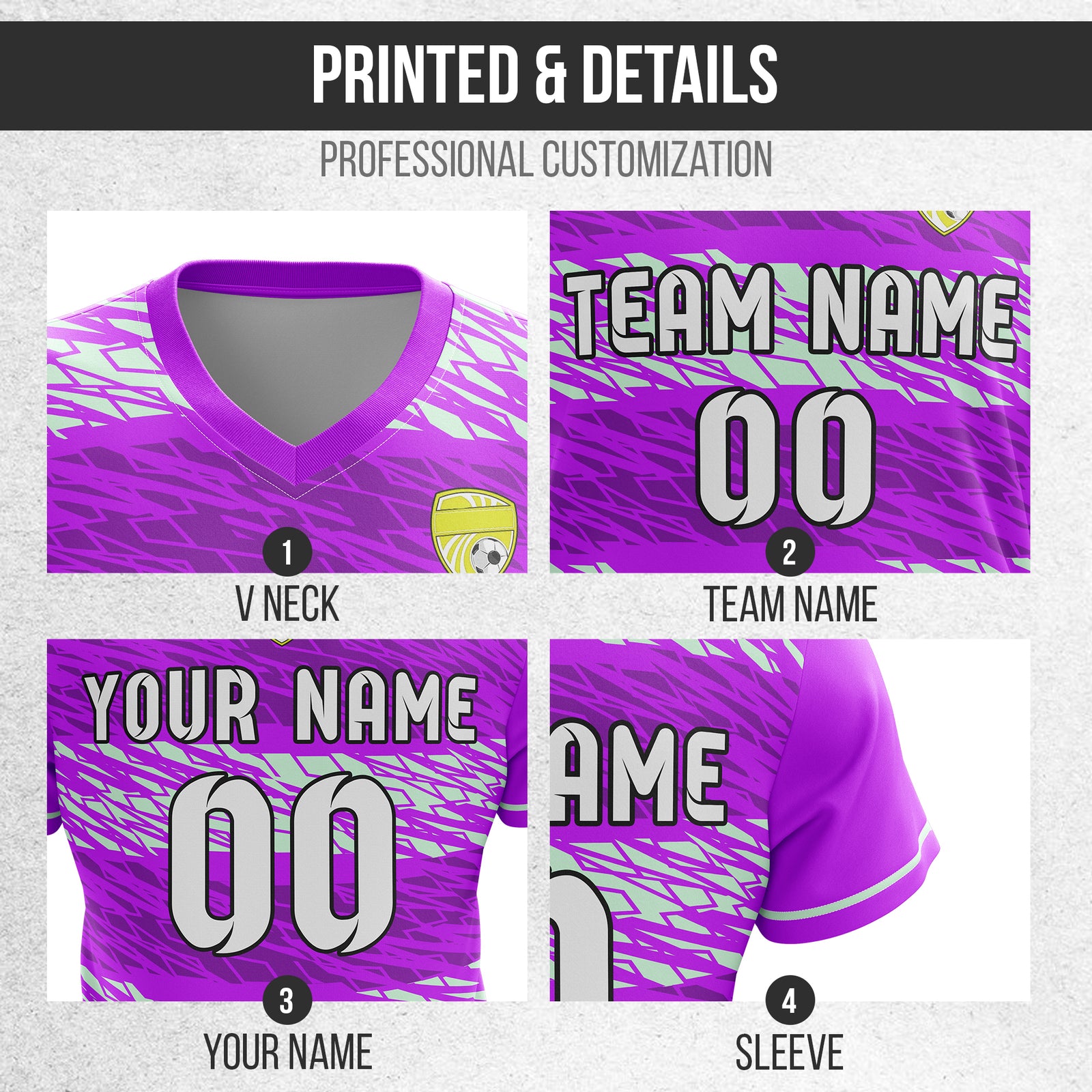 Custom Flare Strike V-Full Pattern Purple Soccer sport Tops Jersey