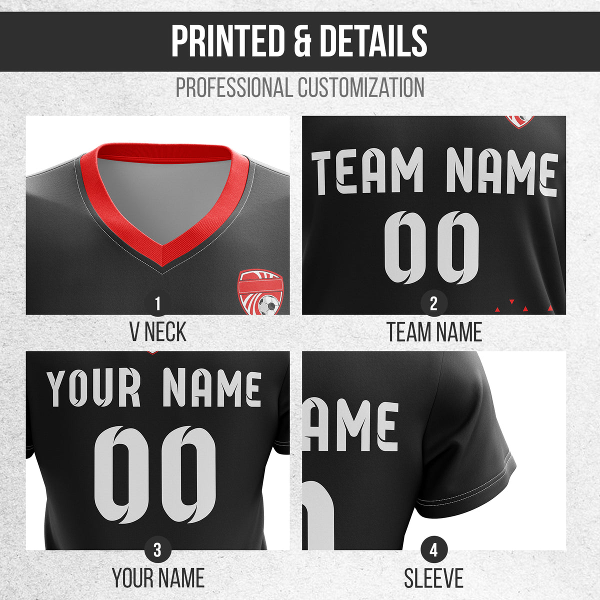 Custom Tri-Edge V-Side Pattern Black Soccer sport Tops Jersey