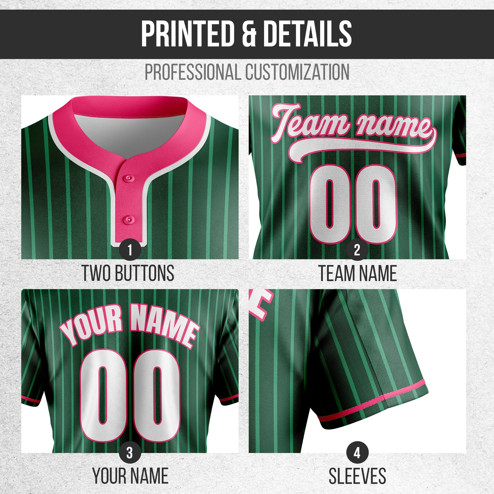 Custom Pinstripe Baseball Green Sports Jersey Personalized Uniform with Name & Number