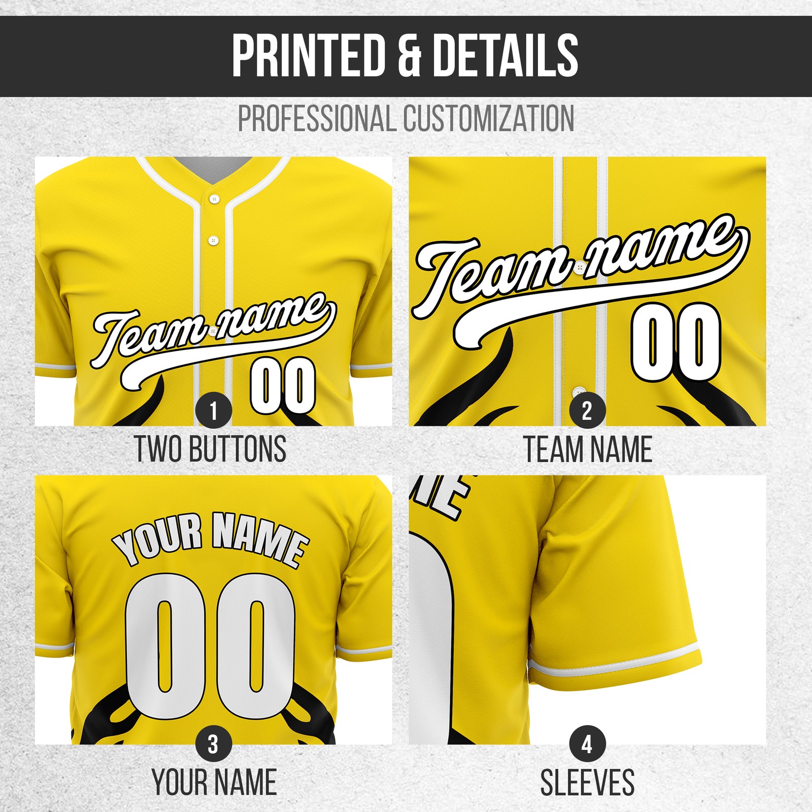 Custom Shadow Flames Yellow Baseball Sports Jersey Personalized Uniform with Name & Number