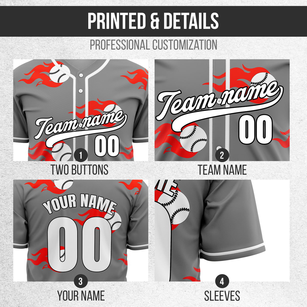 Custom Fireballers Grey Baseball Sports Jersey Personalized Uniform with Name & Number
