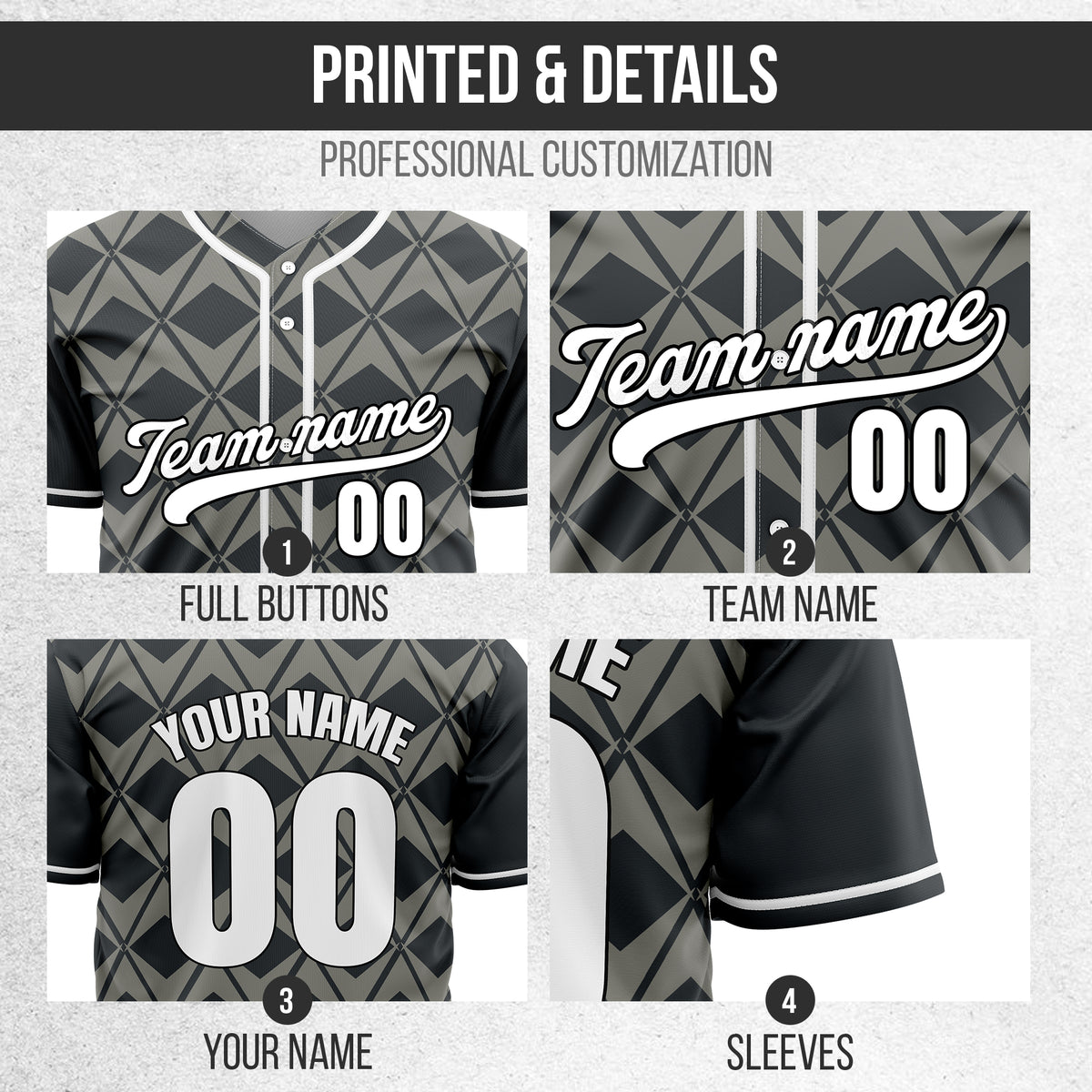 Custom Rhombus Blaze Dark Grey Baseball Sports Jersey Personalized Uniform with Name & Number