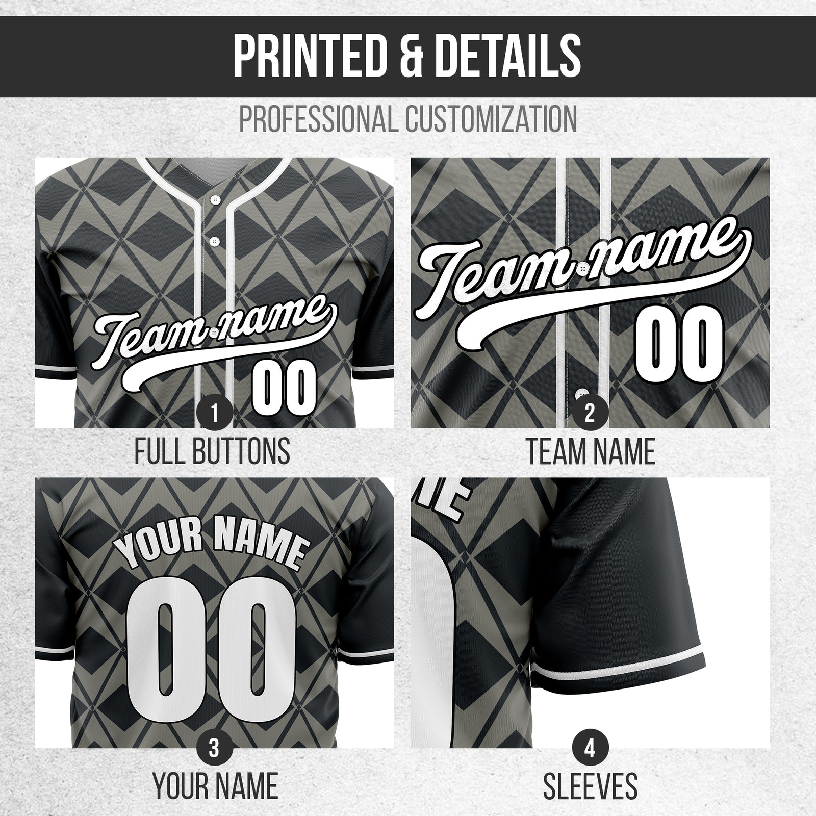 Custom Rhombus Blaze Dark Grey Baseball Sports Jersey Personalized Uniform with Name & Number