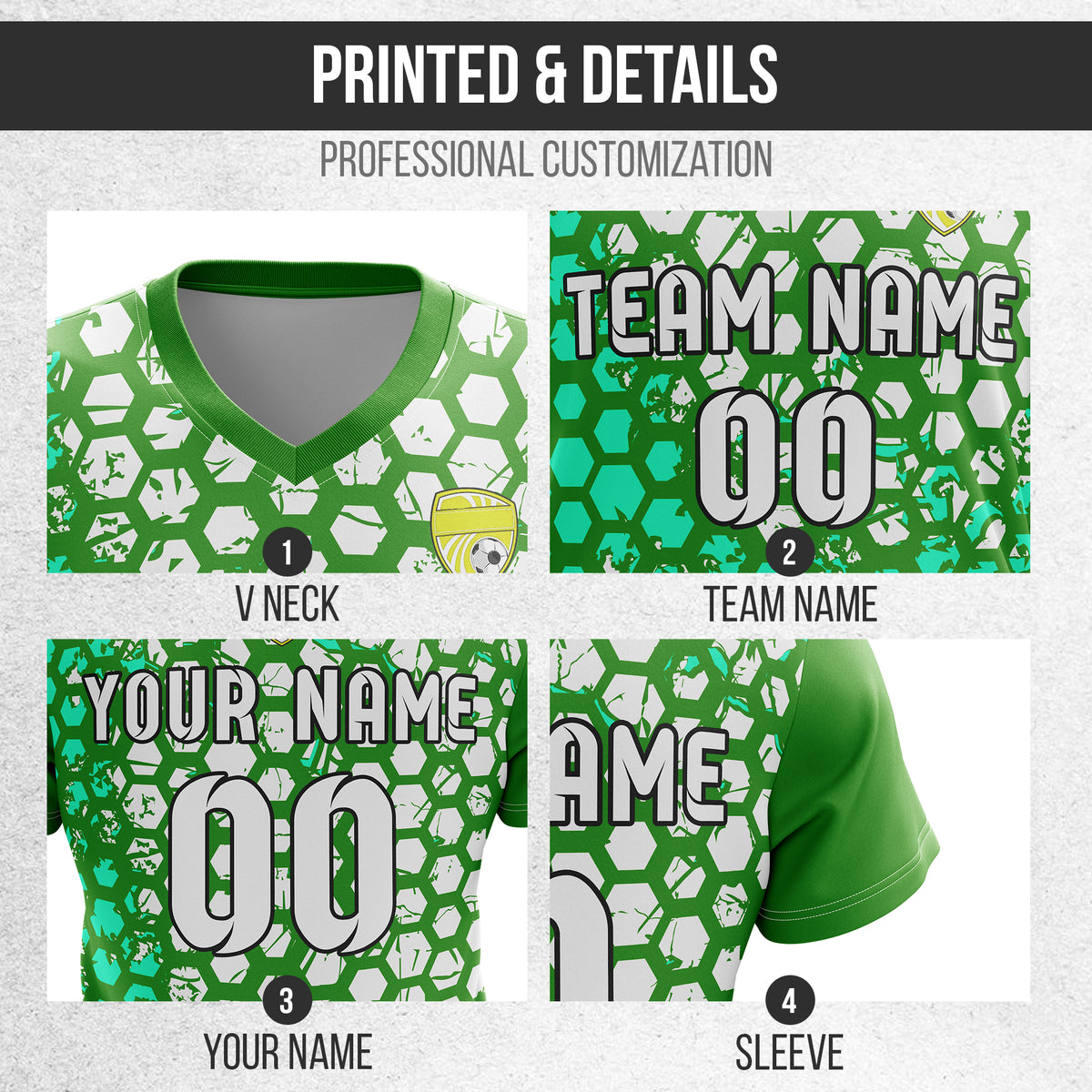 Custom Hex V-Full Pattern Green Soccer sport Tops Jersey