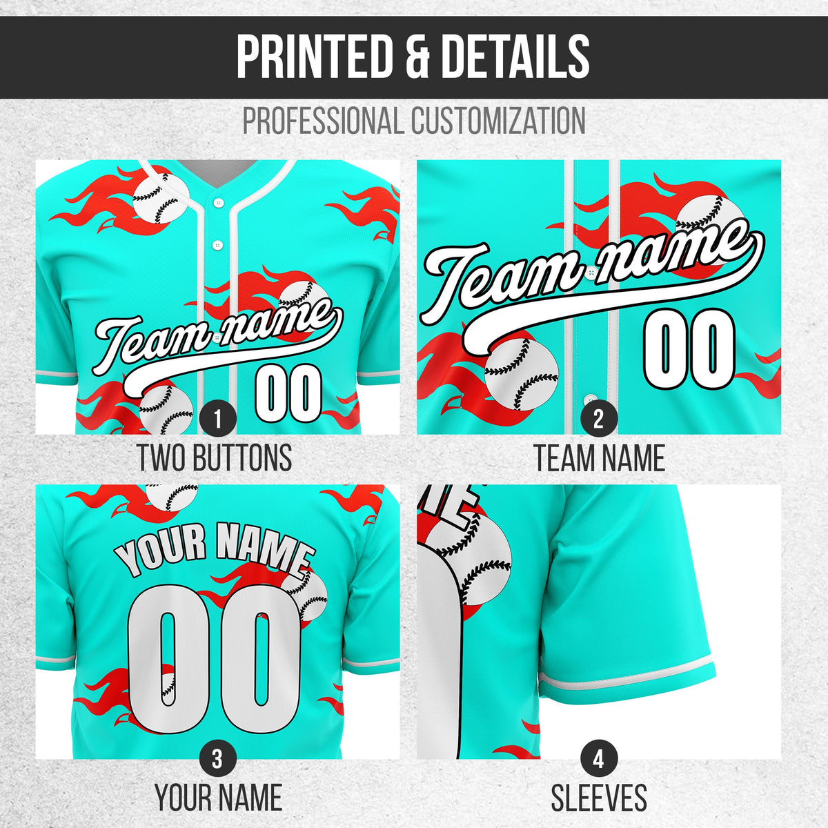 Custom Fireballers Aqua Baseball Sports Jersey Personalized Uniform with Name & Number