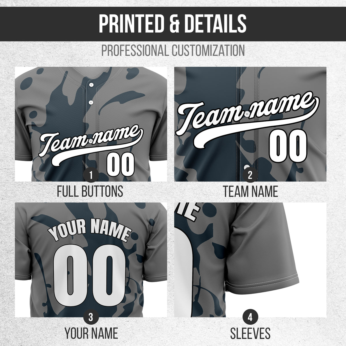 Custom Ink Splash Grey Baseball Sports Jersey Personalized Uniform with Name & Number