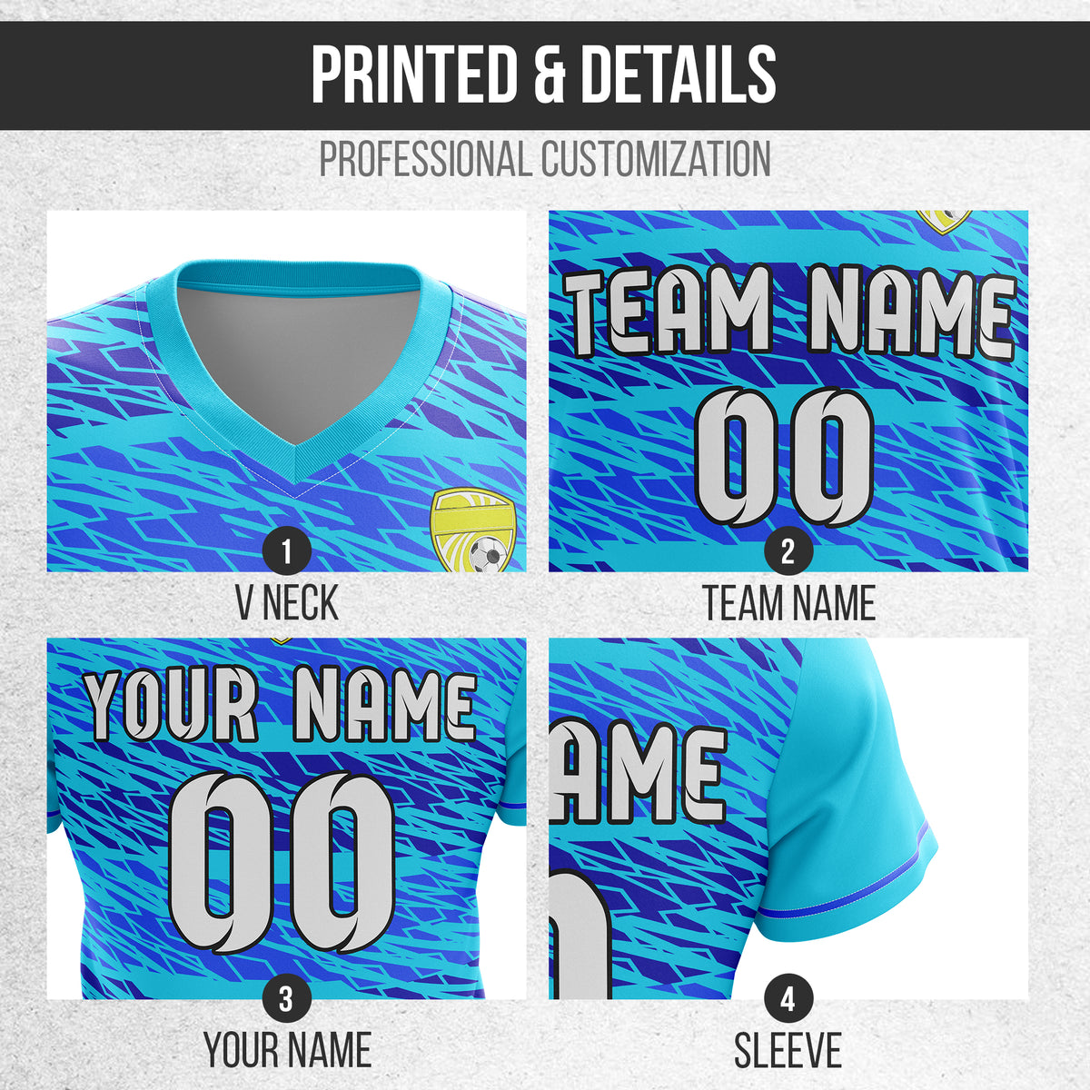Custom Flare Strike V-Full Pattern Blue Soccer sport Tops Jersey