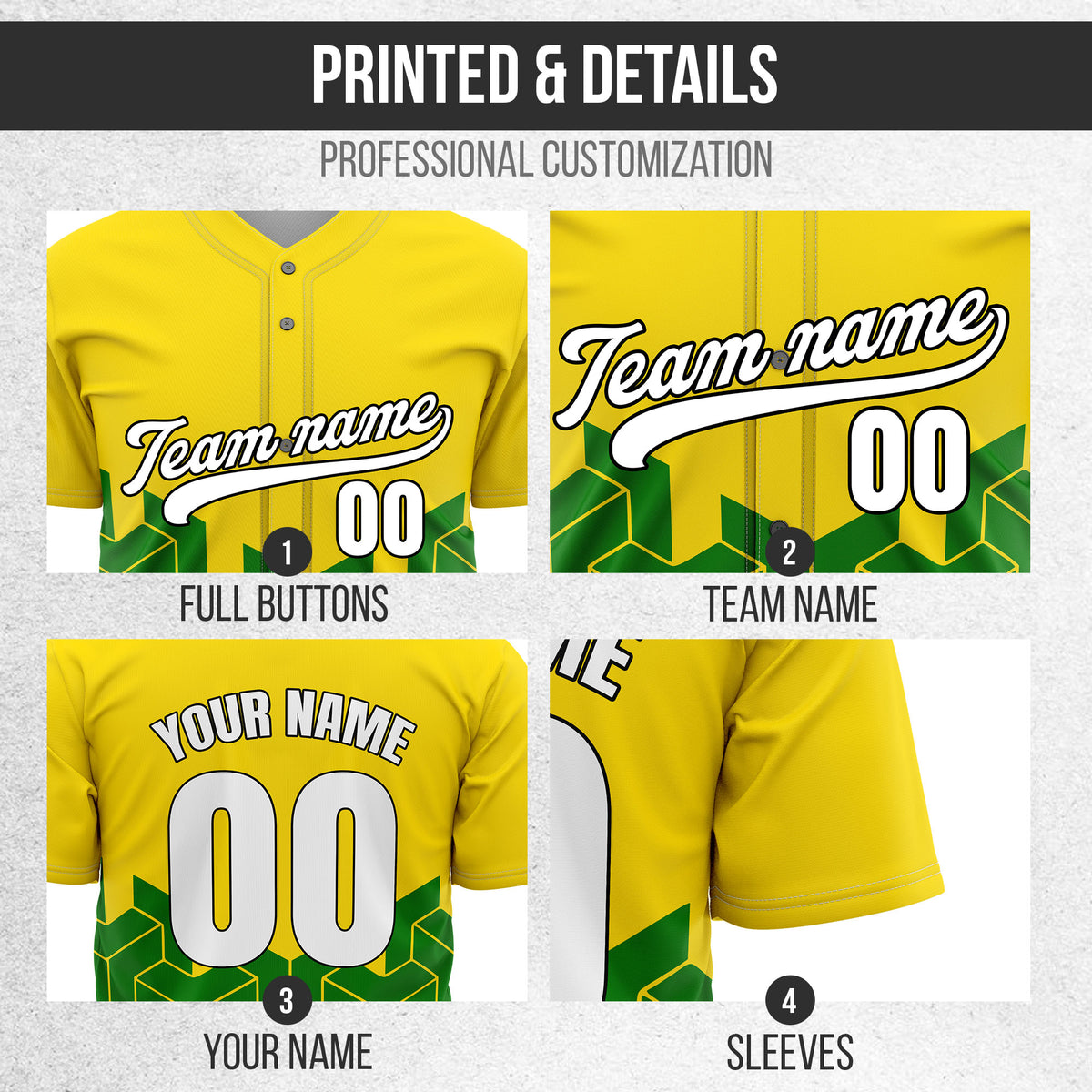 Custom Grid Iron Yellow Baseball Sports Jersey Personalized Uniform with Name & Number