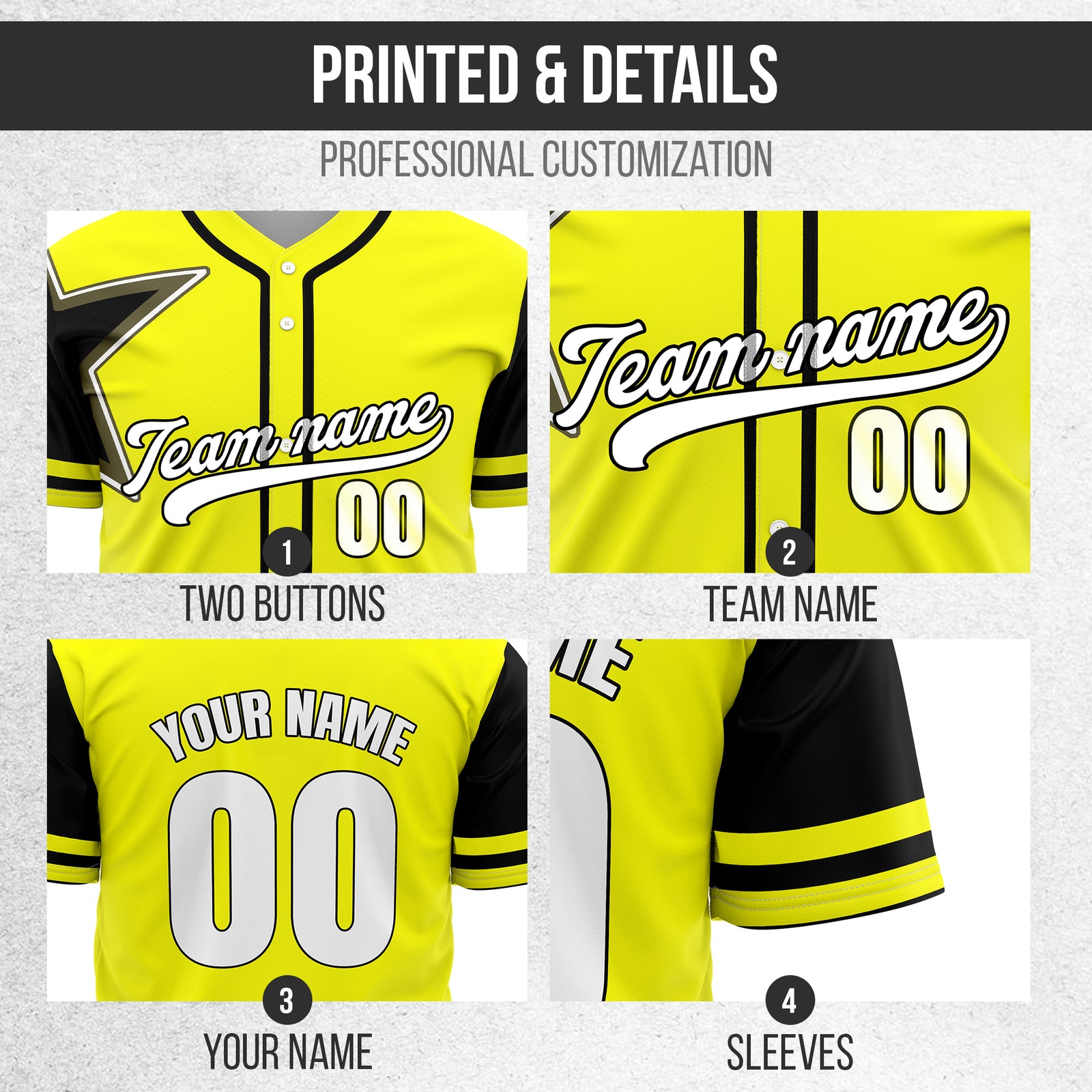 Custom Star Classic Baseball Yellow Sports Jersey Personalized Uniform with Name & Number