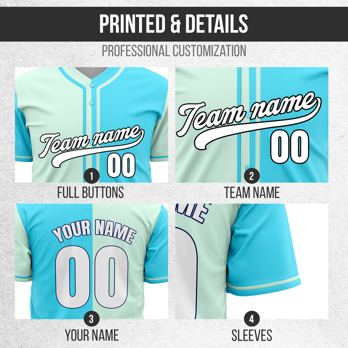 Custom Split Baseball Aqua Sports Jersey Personalized Uniform with Name & Number