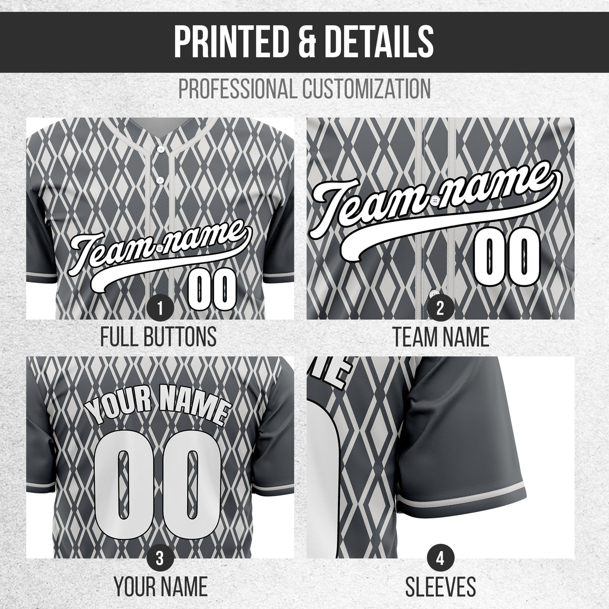 Custom Rhombic Edge Dark Grey Baseball Sports Jersey Personalized Uniform with Name & Number