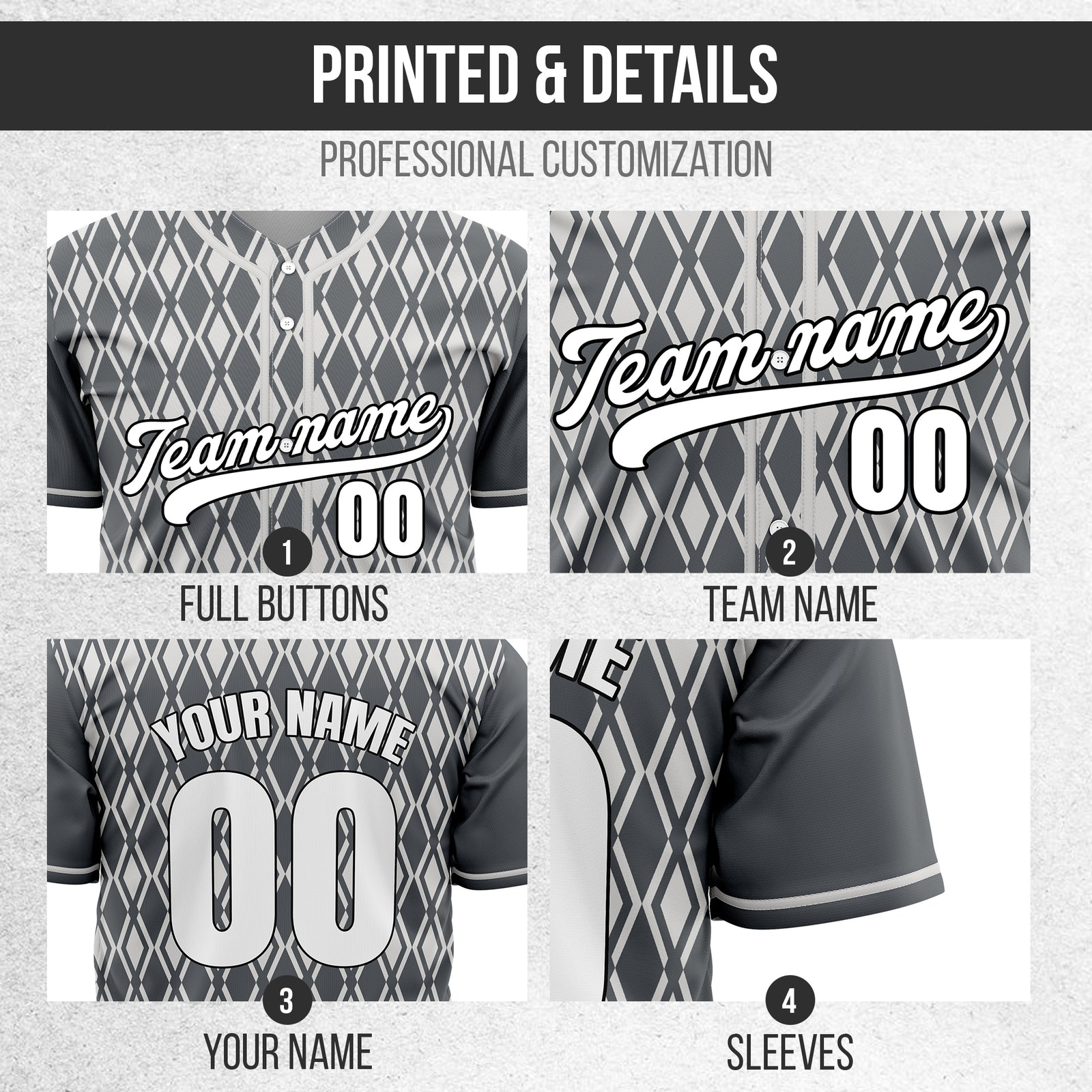 Custom Rhombic Edge Dark Grey Baseball Sports Jersey Personalized Uniform with Name & Number