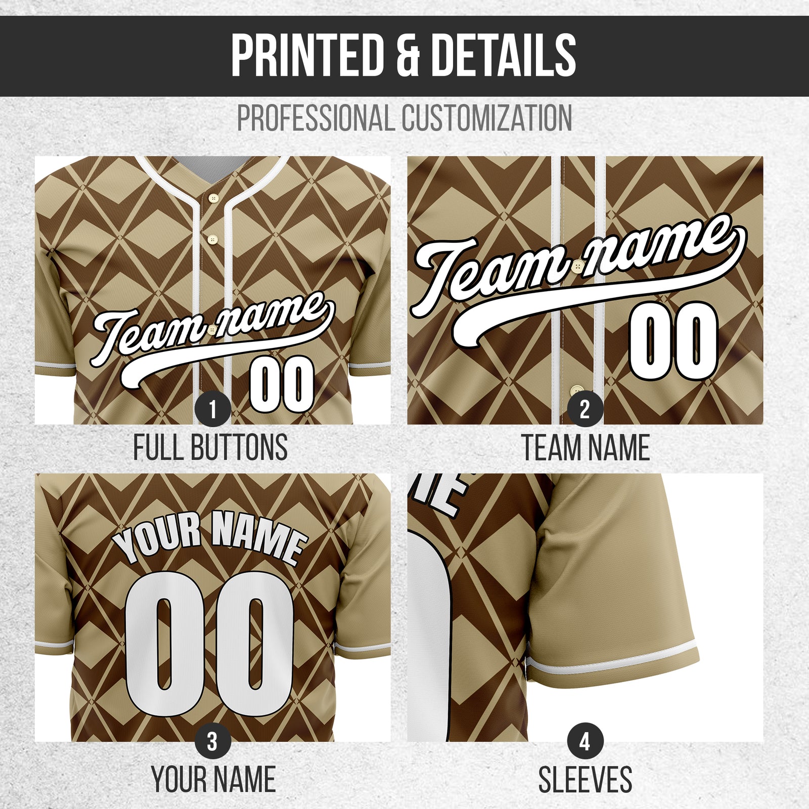 Custom Rhombus Blaze Khaki Baseball Sports Jersey Personalized Uniform with Name & Number