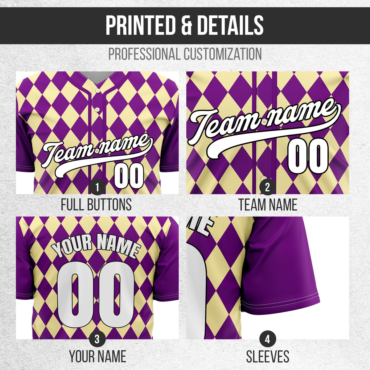 Custom Rhombus Baseball Purple Sports Jersey Personalized Uniform with Name & Number